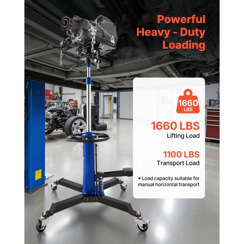 Hydraulinen vaihteistonostin 750 kg teleskooppinen teräsrunko jalkapoljin