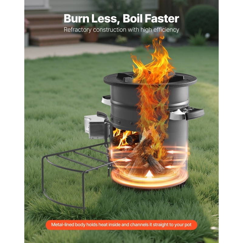 Kannettava rakettiuuni teräsrunko ruostumaton sisäkammio kantolaukulla puilla ja grillihiilillä