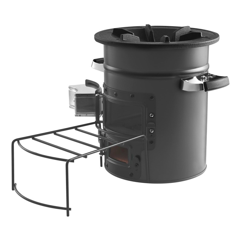 Kannettava rakettiuuni teräsrunko ruostumaton sisäkammio kantolaukulla puilla ja grillihiilillä