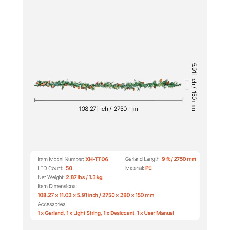 Keinotekoinen jouluköynnös PE-muovia 2750 mm 50 LED-valolla sisä- ja ulkokäyttöön
