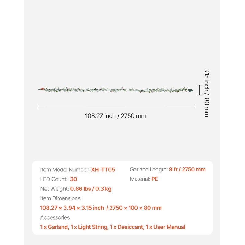 Tekohavuköynnös PE-muovista 275 cm lämpimillä LED-valoilla sisä ja ulkokäyttöön