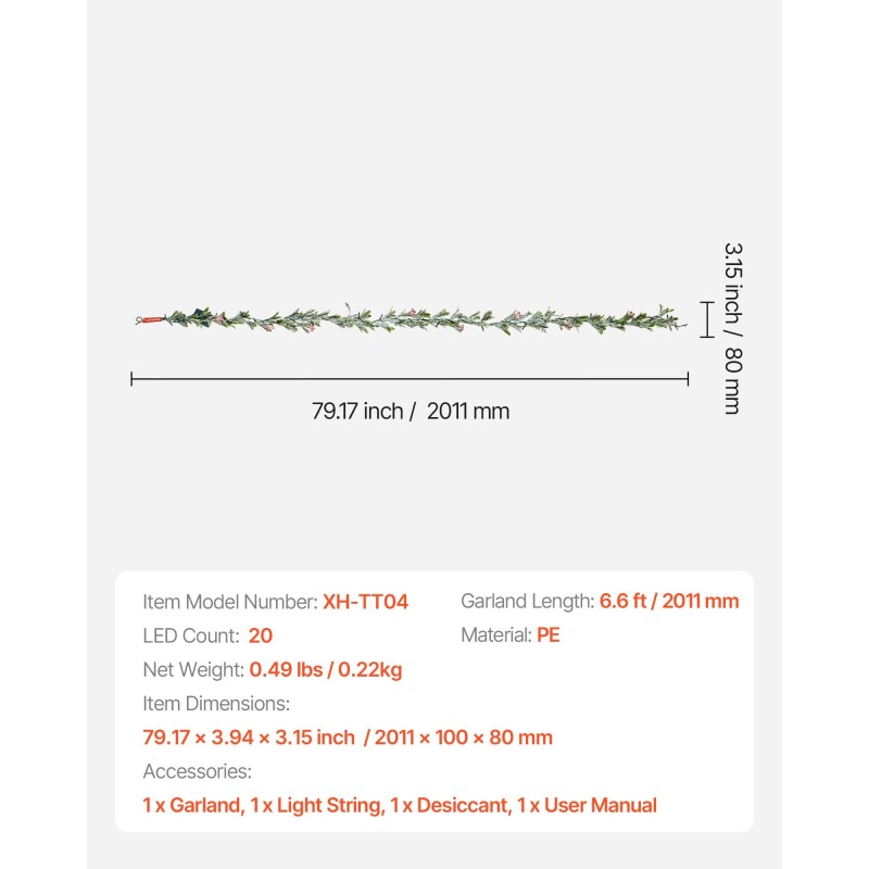 Jouluköynnös PE-muovista 2,01 m 20 LED-valolla sisä- ja ulkokäyttöön