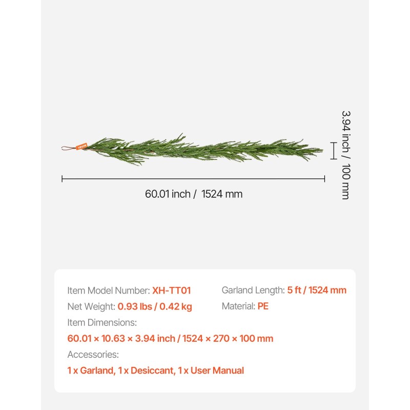Jouluköynnös PE-muovinen 1524 millimetriä pitkä Norfolk-mäntyä jäljittelevä metallilangalla vahvistettu