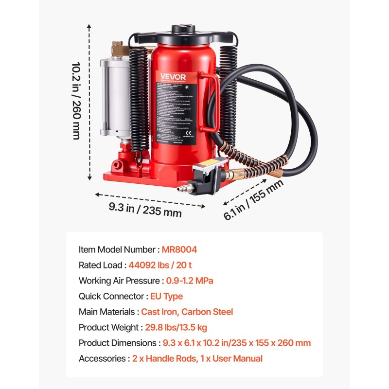 Hydraulinen ilmakäyttöinen pullotunkki 20 t 260–495 mm valurautainen ja hiiliteräksinen