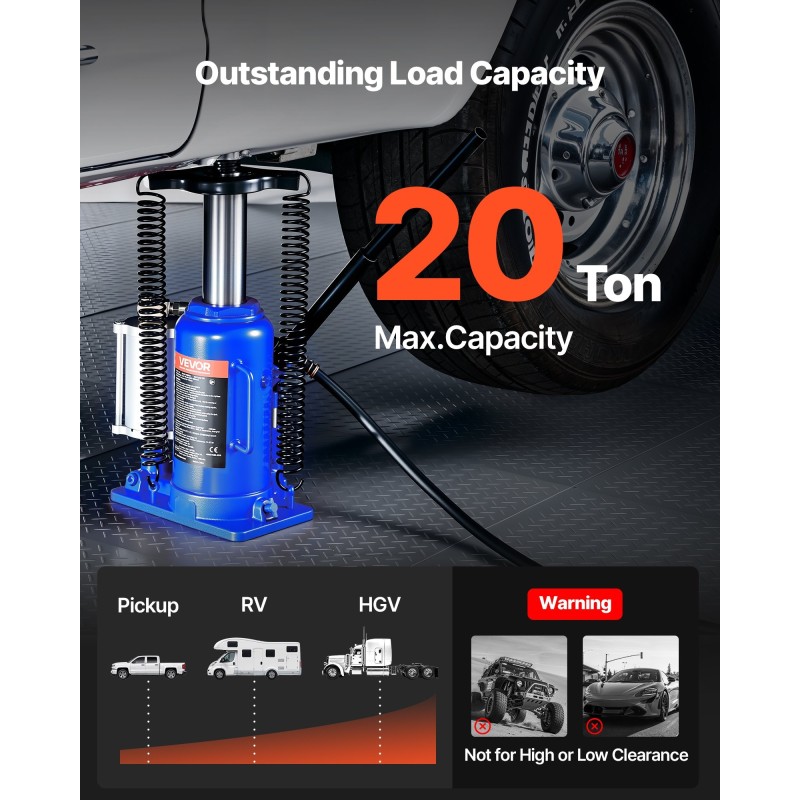 Ilmahydraulinen pullonostin 20 t 260–495 mm ilma ja käsipumppu