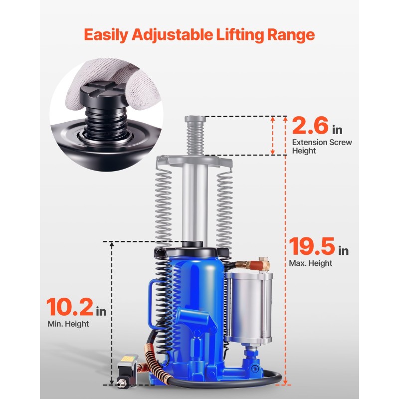 Ilmahydraulinen pullonostin 20 t 260–495 mm ilma ja käsipumppu