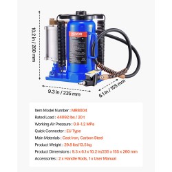 Ilmahydraulinen pullonostin 20 t 260–495 mm ilma ja käsipumppu