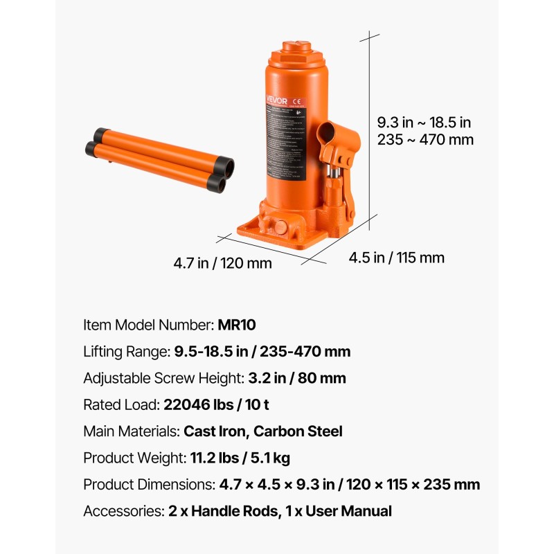 Hydraulinen pullotunkki 10 t valurauta hiiliteräs nostokorkeus 235–470 mm
