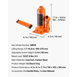 Hydraulinen pullotunkki 6 t 195–375 mm nostokorkeus valurauta hiiliteräs kompaktikoko