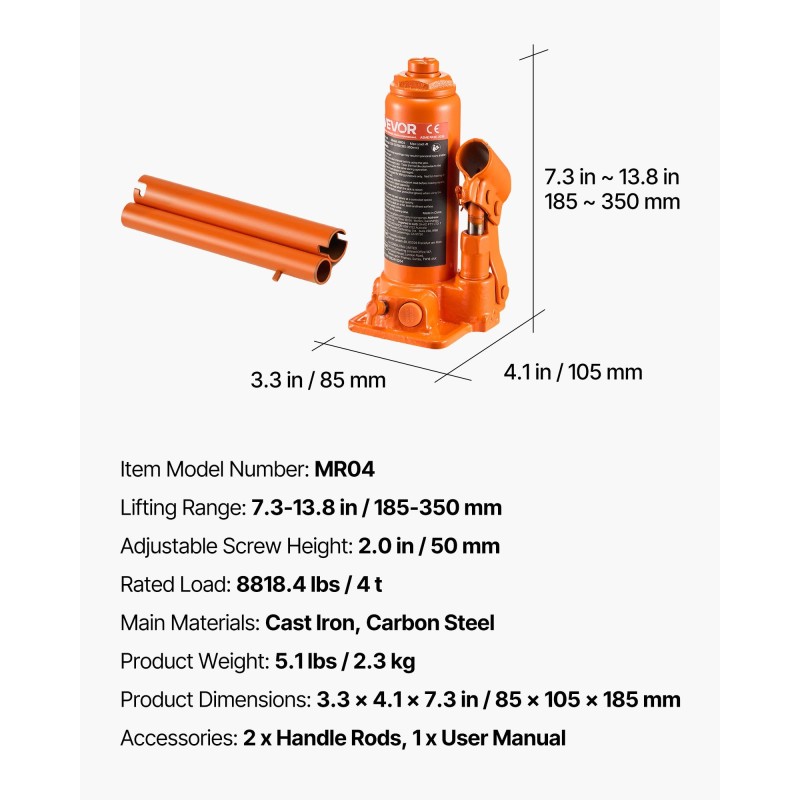 Hydraulinen pullotunkki 4 tonnia valurauta hiiliteräs 185–350 mm säädettävä ruuvi