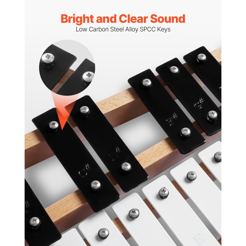 Glockenspiel-kellopeli 27-ääninen matalahiiliteräslevyt ääniala G2–A5 luonnonpuinen pohja 4 kapulaa kantolaukku