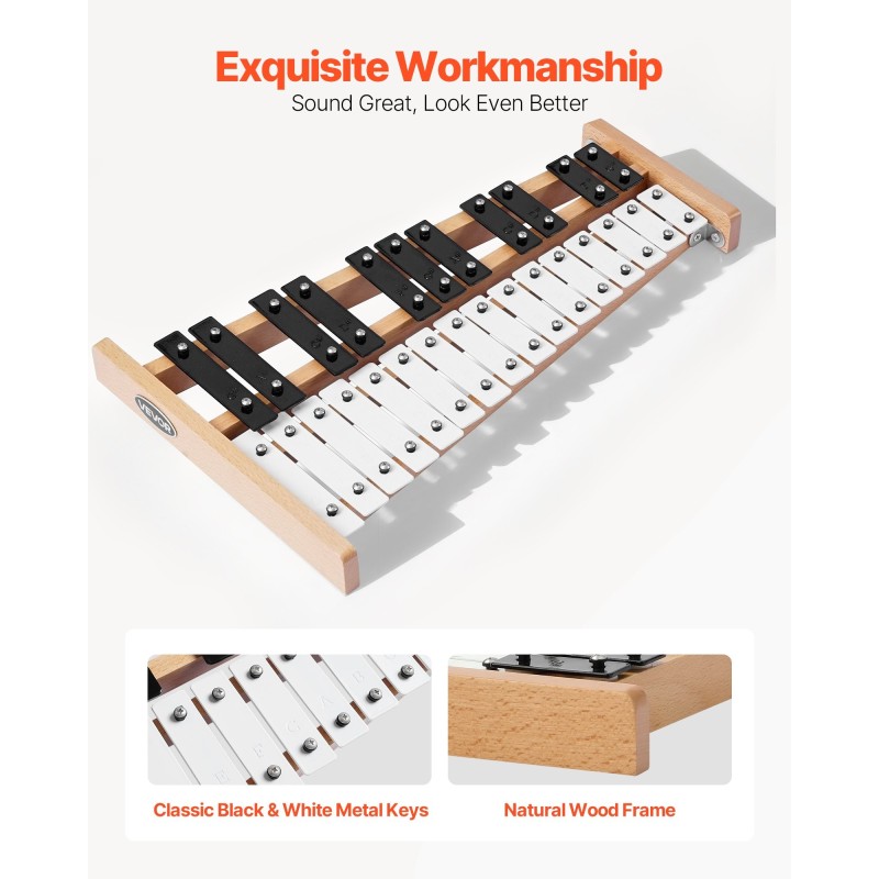 Glockenspiel-kellopeli 27-ääninen matalahiiliteräslevyt ääniala G2–A5 luonnonpuinen pohja 4 kapulaa kantolaukku