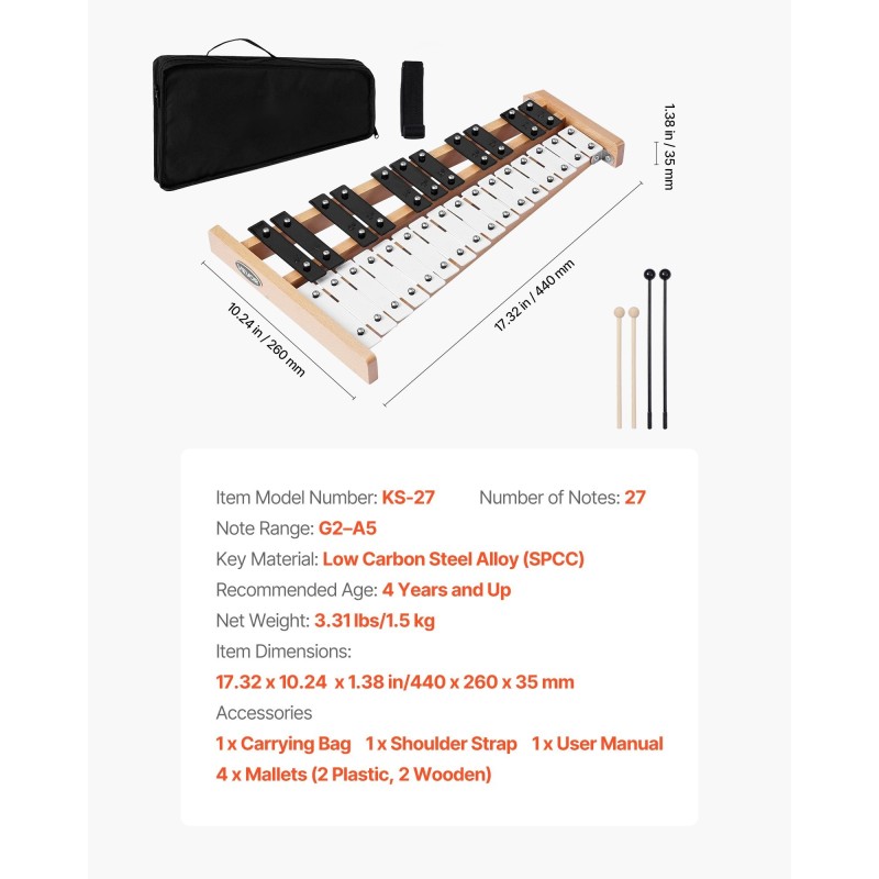 Glockenspiel-kellopeli 27-ääninen matalahiiliteräslevyt ääniala G2–A5 luonnonpuinen pohja 4 kapulaa kantolaukku