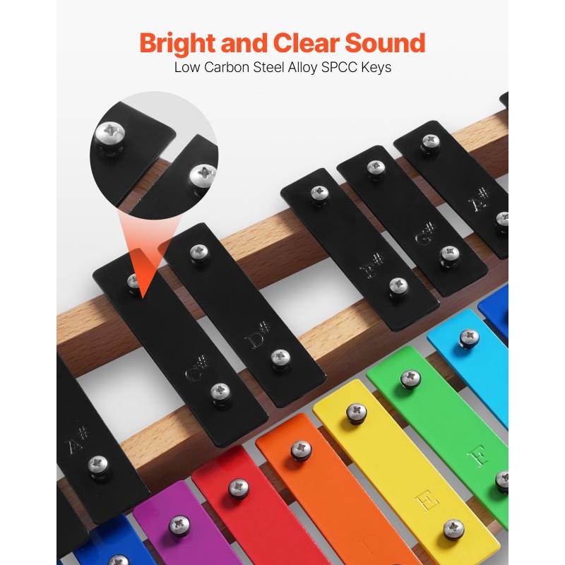 27-koskettimen kellopeli-xylofoni SPCC-matalahiiliteräskoskettimilla G2–A5 luonnonpuinen pohja 4 kapulaa kantolaukku