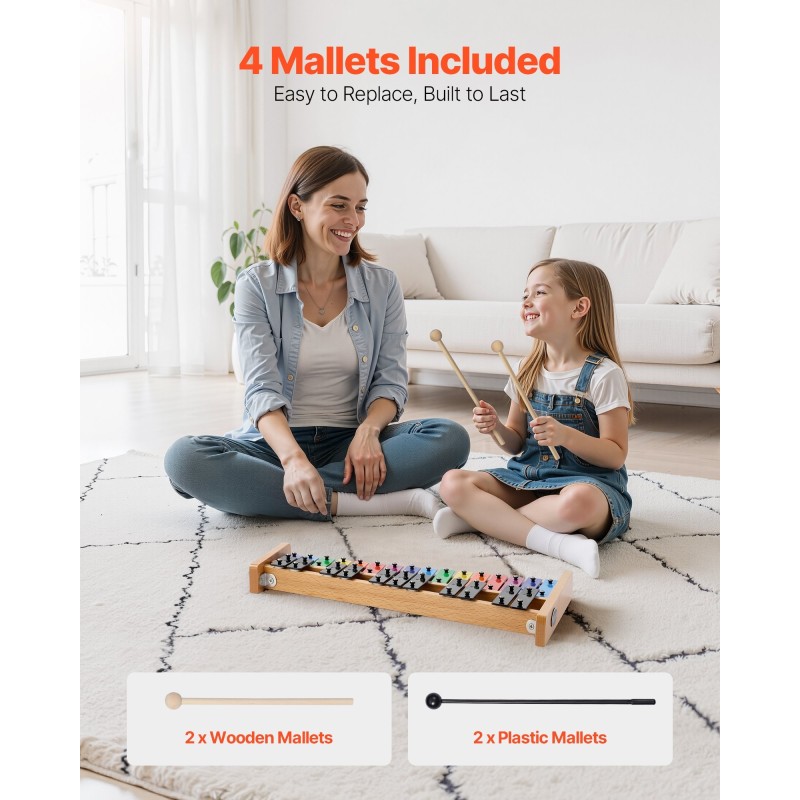 27-koskettimen kellopeli-xylofoni SPCC-matalahiiliteräskoskettimilla G2–A5 luonnonpuinen pohja 4 kapulaa kantolaukku