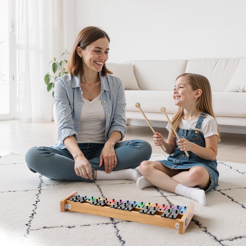 27-koskettimen kellopeli-xylofoni SPCC-matalahiiliteräskoskettimilla G2–A5 luonnonpuinen pohja 4 kapulaa kantolaukku