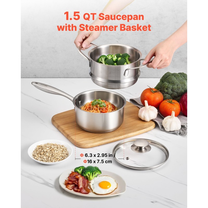 Kasari 1.5QT pinnoitteeton ruostumaton teräs höyrytysosalla lasikannulla uuninkestävä