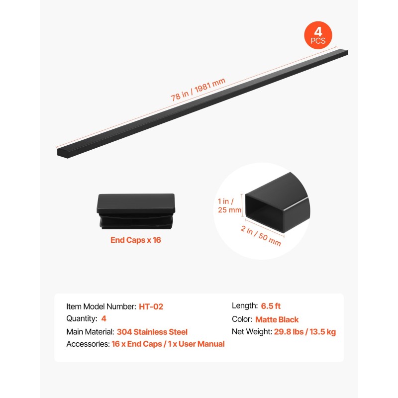 Käsijohdesarja 4 kpl 304-ruostumatonta terästä 198 cm mattamusta