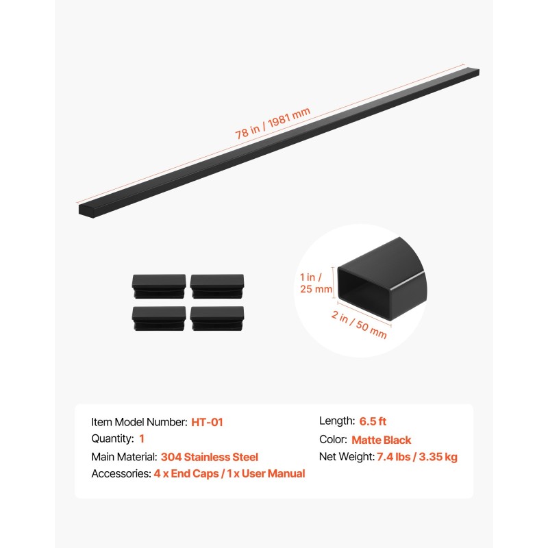 Käsijohde 304-ruostumattomasta teräksestä 1981 mm mattamusta sisä- ja ulkokäyttöön