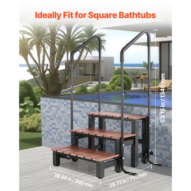 Kylpytynnyrin 3-portainen säänkestävä porras käsijohteella 249 kg kantavuus