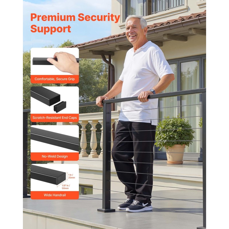 Kaidepakkaus 304-ruostumaton teräs 1981 mm 3 pylvästä 25 m kaapeli mattamusta