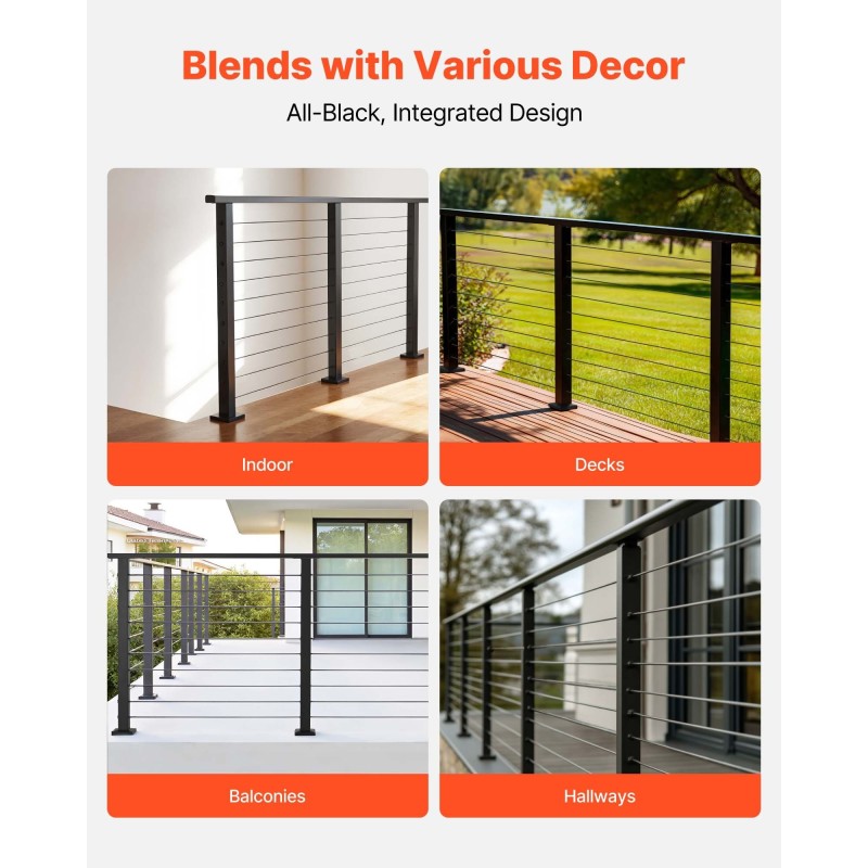 Kaidepakkaus 304-ruostumaton teräs 1981 mm 3 pylvästä 25 m kaapeli mattamusta