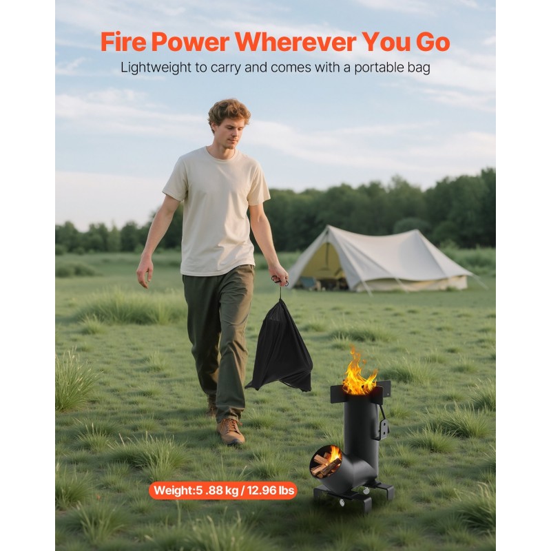 Rakettityyppinen retkikeitin hiiliteräs nettopaino 5,88 kg puulla toimiva kantolaukku sivukahvat