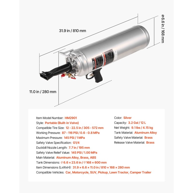 Rengashelman asetin 12 L alumiiniseoksinen kannettava putkittomille renkaille
