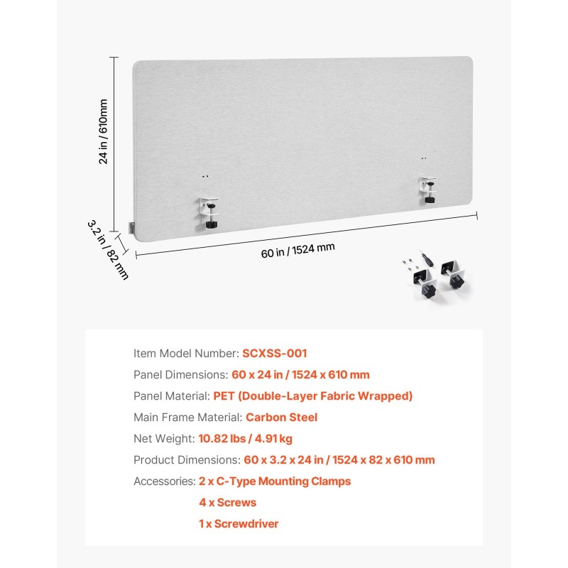 Pöytäseinäke PET-paneelilla hiiliteräsrunko 1524 x 610 mm