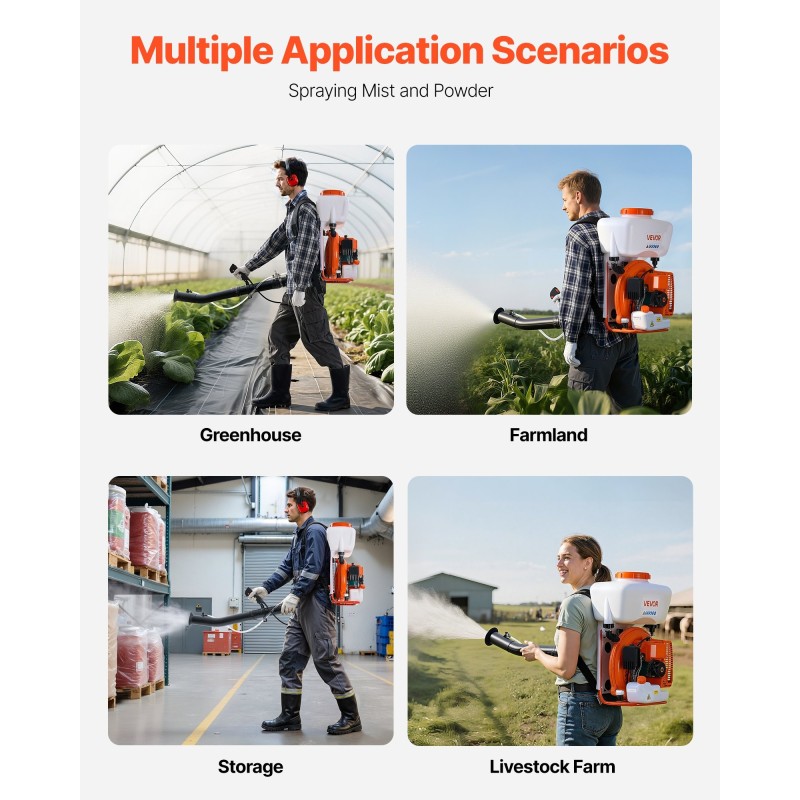 Reppusumutin 63 cm3 2,1 kW bensiinimoottori 16L säiliö jauhe- ja nestesumutukseen