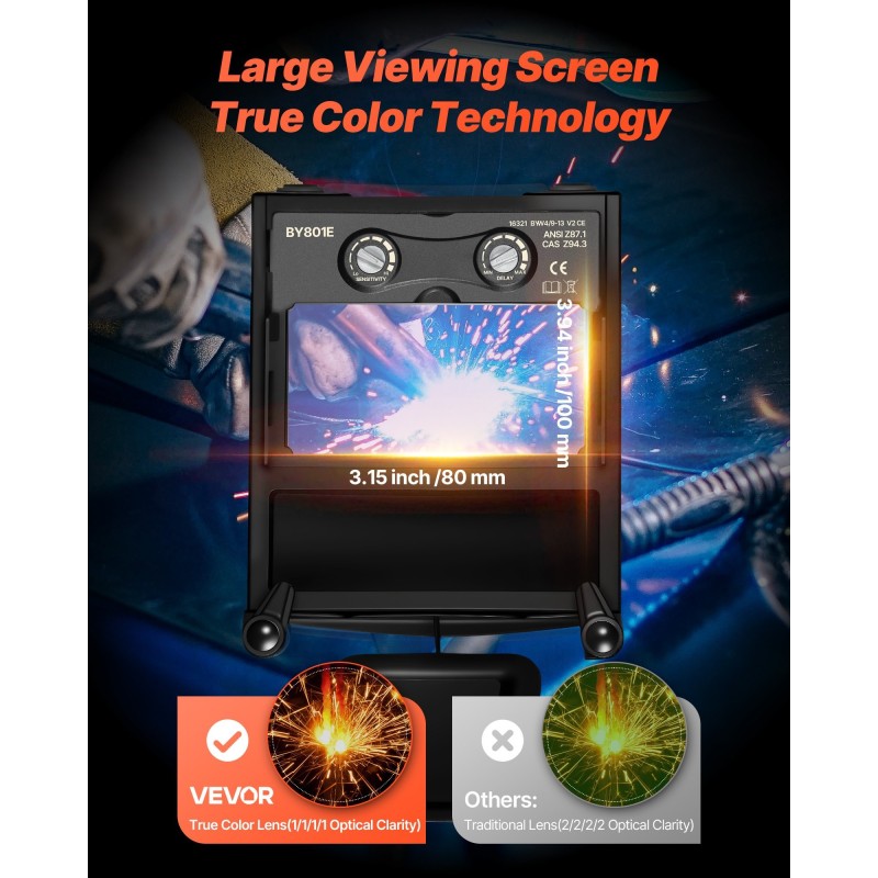 Automaattisesti tummuva hitsausmaski 100 x 80 mm näkymäalue DIN 4/5–9/9–13 4 anturia