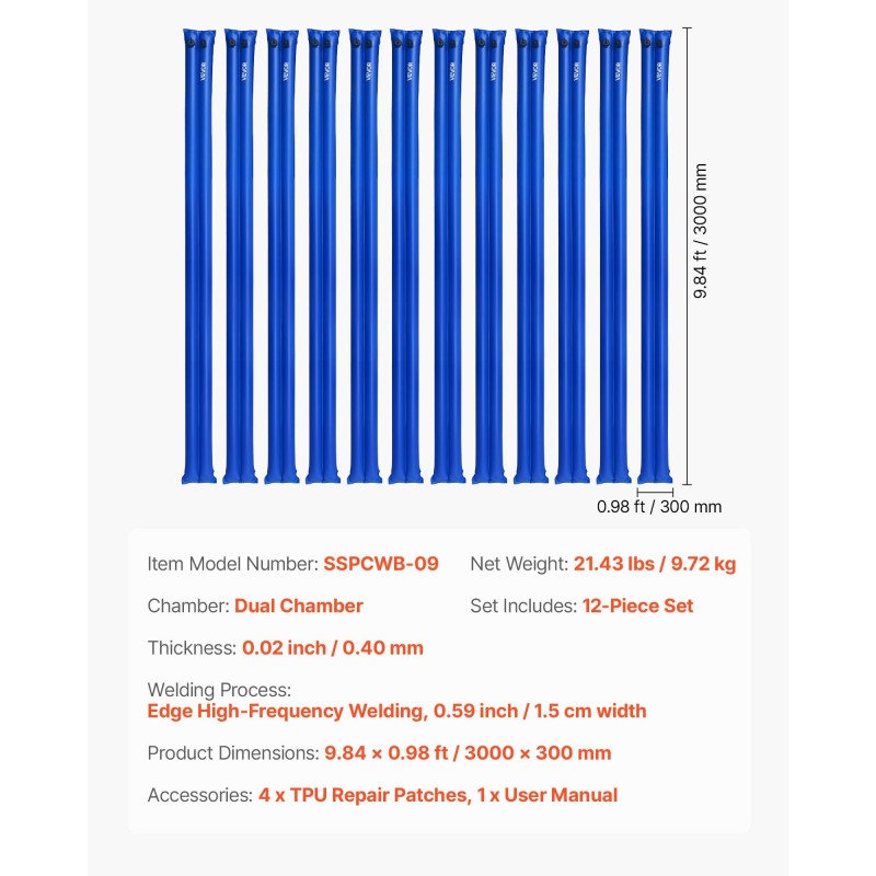 Altaankannen vesipussit 12 kpl 3000 mm pituus PVC-muovi kaksikammioiset talvikäyttöön