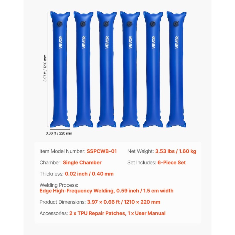 Vesipussit PVC-muoviset 0,40 mm 1210 x 220 mm 6 kpl maauimalan suojapeitteelle