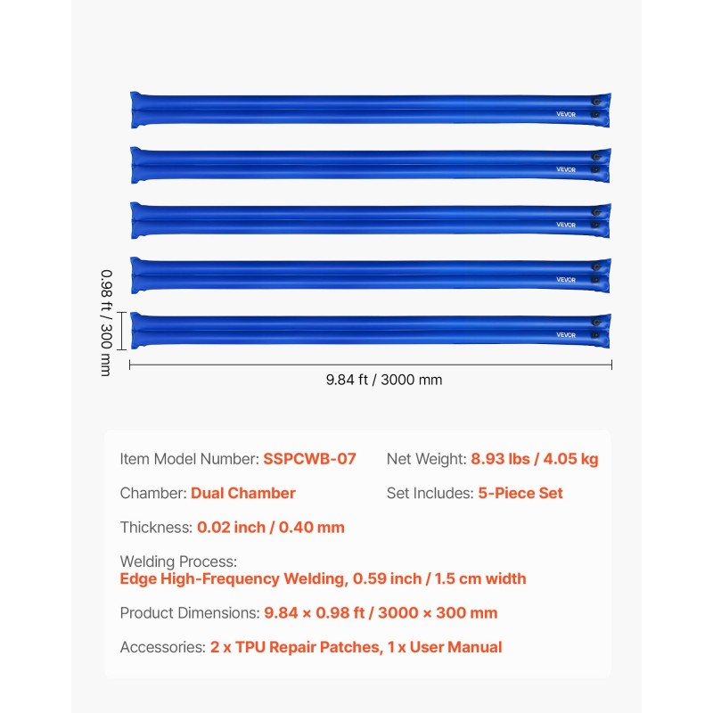 Allaspeitteen vesipussit 5 kpl kaksikammioiset PVC-muovi 3 m talvikäyttöön
