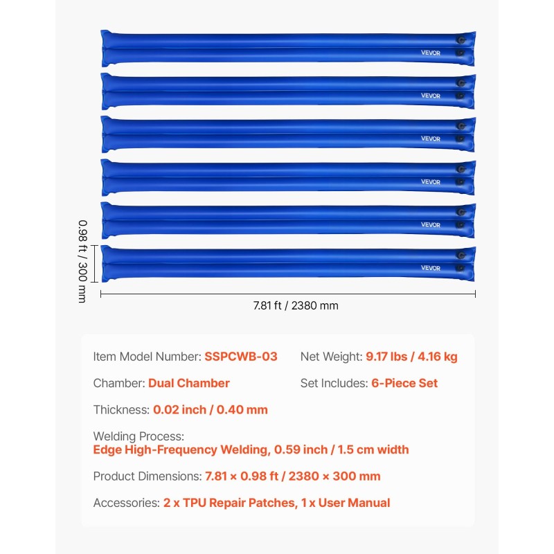 Uima-altaan peitteen vesipussit 6 kpl PVC-materiaali 0,40 mm 2380×300mm kaksikammioiset