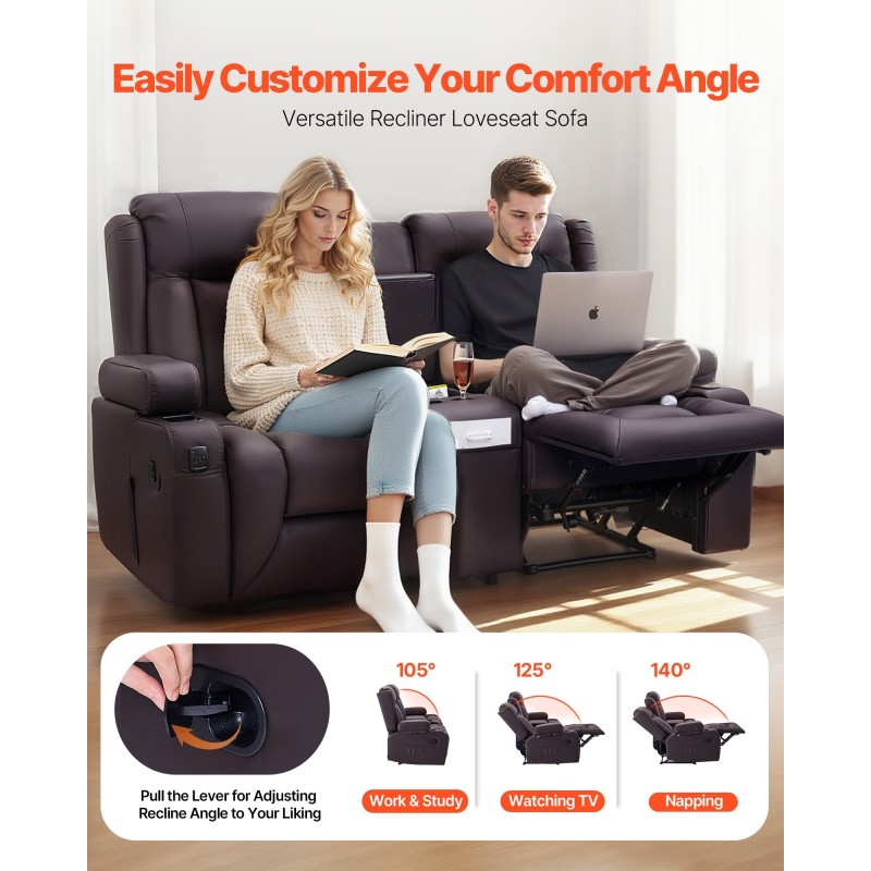 Kaksipaikkainen lepotuoli sohva ruskea PU-nahka käsikäyttöinen kallistus USB-portit keskikonsoli