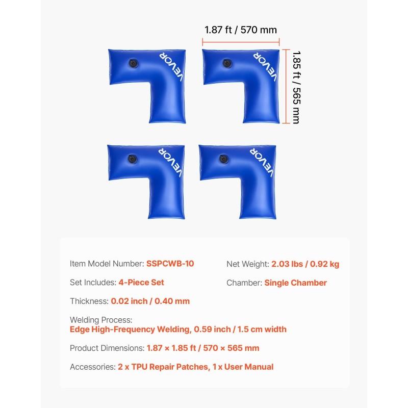 Kulmavesipussit uima-altaan peitteelle talvikäyttöön 4 kappaleen sarja 0,40 mm PVC-muovi