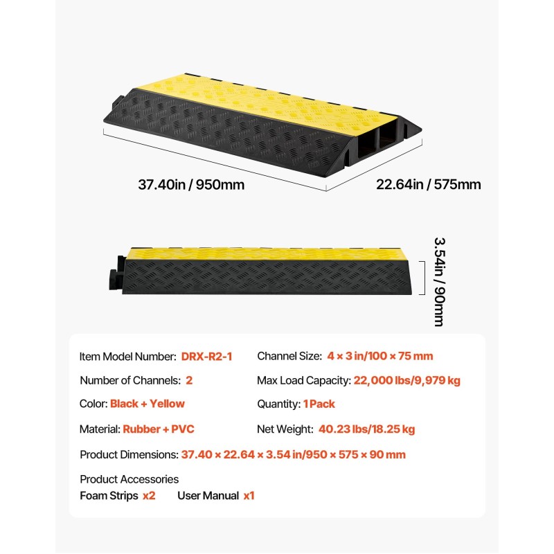 Kaapelisuojaramppi kumi ja polyvinyylikloridi 2 kanavaa 100 x 75 mm musta keltainen