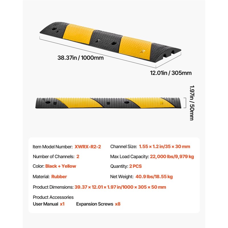 Kuminen hidastetöyssy 1000 mm 2 kaapelikanavaa 2 kpl musta keltainen