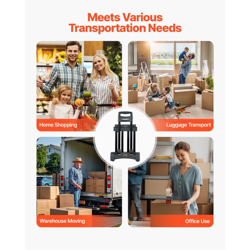 Taittuva käsikärry seosteräs ja muovi 131,5 kg kantavuus 4 pyörää säädettävä työntöaisa