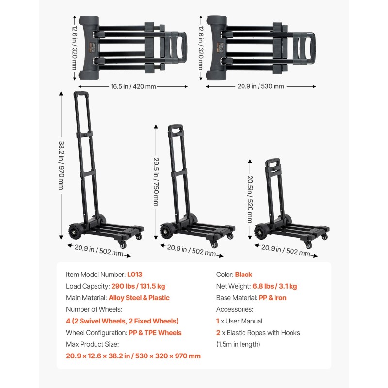 Taittuva käsikärry seosteräs ja muovi 131,5 kg kantavuus 4 pyörää säädettävä työntöaisa