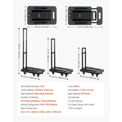 Taittuva kuljetuskärry seosteräsrunko 226,8 kg kantavuus 6 pyörää laajennettava pohja