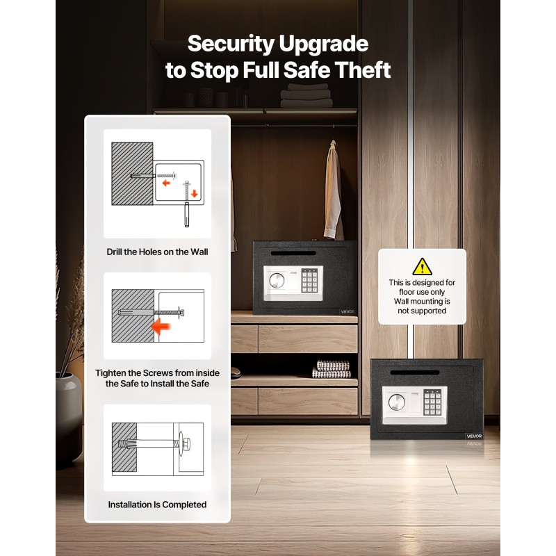 Tallelokero terästä samettiverhoiltu pudotusaukolla numerokoodilukolla kääntönupilla seinäkiinnitys