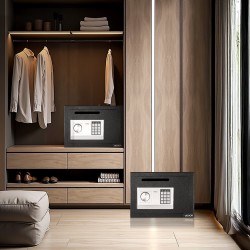 Tallelokero terästä samettiverhoiltu pudotusaukolla numerokoodilukolla kääntönupilla seinäkiinnitys