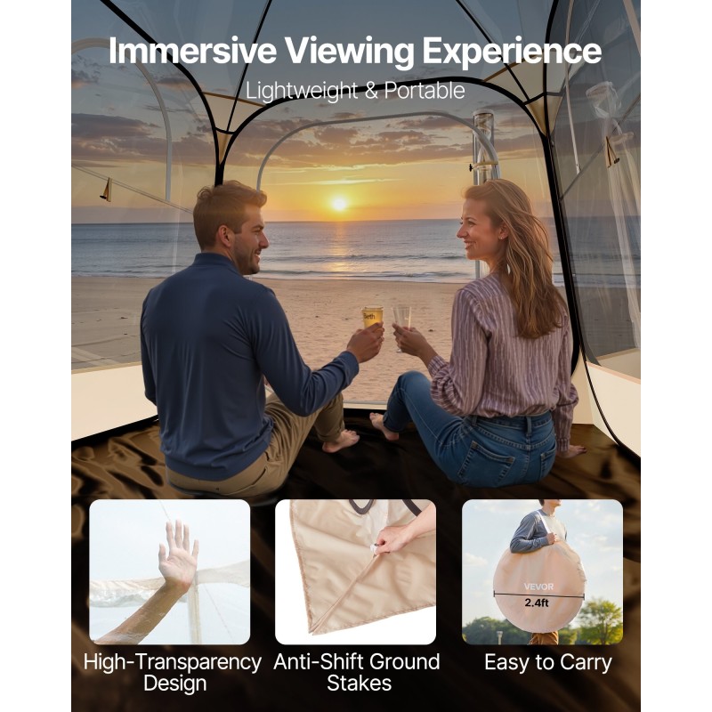 Urheiluteltta läpinäkyvällä kuorella 2–4 henkilölle 4-sivuinen avautuva säänkestävä vedenpitävä