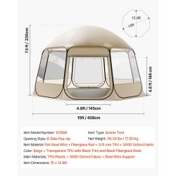 Kuplateltta 4,58×4,32 m TPU-muovi 12–15 hengelle 540 asteen panoraama