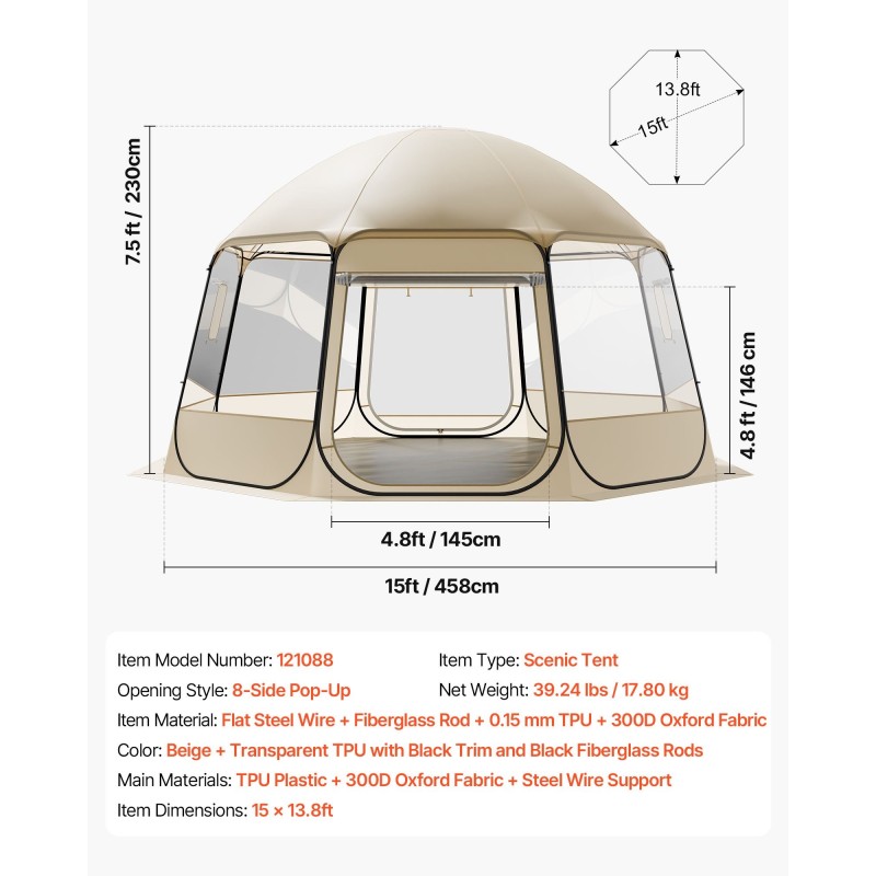 Kuplateltta 4,58×4,32 m TPU-muovi 12–15 hengelle 540 asteen panoraama