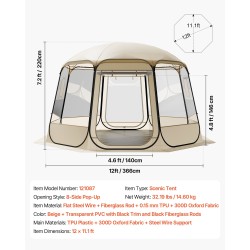 Maisemateltta kupoli läpinäkyvä TPU-muovi ja 210D Oxford-kangas 3,36×3,45 m 10–12 henkilölle