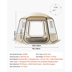 Näkymäteltta TPU-muovi 210D Oxford-kangas 3,36×3,05 m 8–10 henkilölle