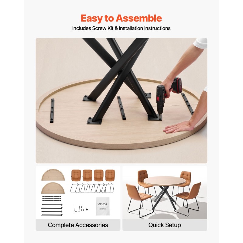 Pyöreä 45-tuumainen ruokapöytäsetti MDF-pöytälevyllä ja 4 keinonahkatuolia